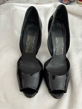 Salvatore Ferragamo Black Patent Peep-Toe Heels